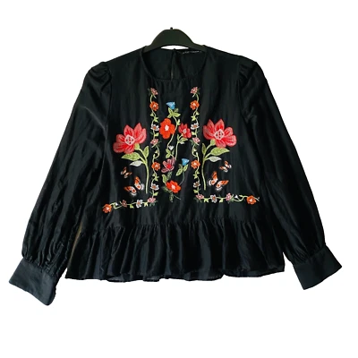 Zara Women's Floral Embroidered Blouse Boho Black Ruffle Trim Small Cotton Silk - Image 1 of 4