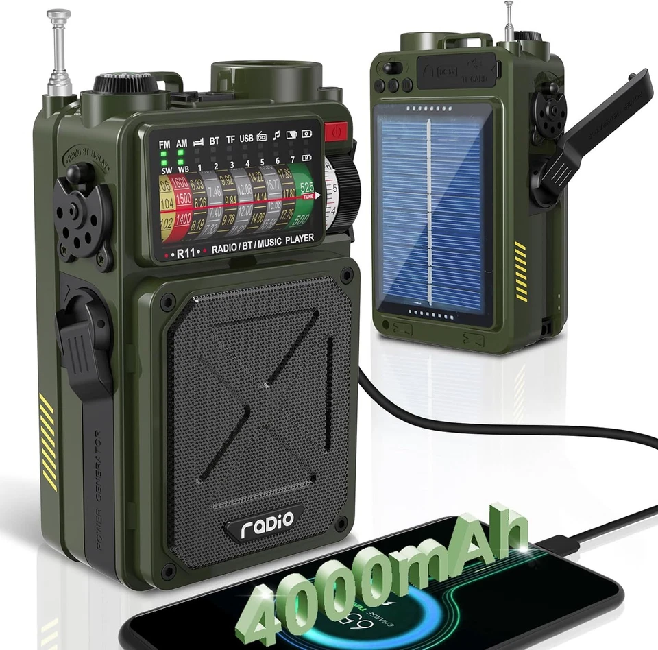 EMC Radio with Bluetooth,Flashlight,with USB Charged&Hand Crank&Solar Power - Image 1 of 4