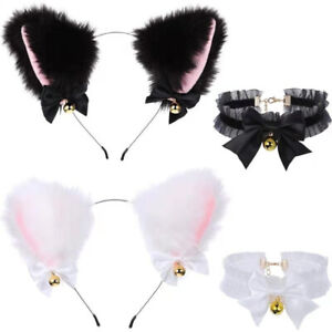 1 Set Plush Cat Ear Lace Neck Bell Hair Band Plush Furry Cosplay Headwear Cute