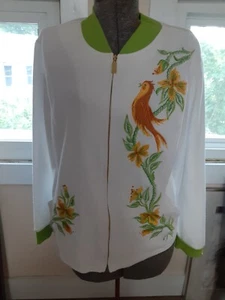 Bob Mackie Wearable Art White/Green Embroidered Bird Zip Up Sweater Size L - Picture 1 of 20