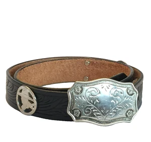 VTG JUSTIN WESTERN BELT WOMENS 28 BLACK LEATHER SILVER BUCKLE COWBOY MADE IN USA - Picture 1 of 19