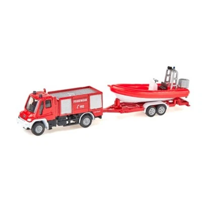 SIKU Unimog Fire Engine with Boat Fire Truck Diecast Model Car Toy SK1636 - Image 1 of 4