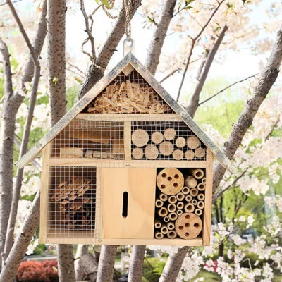 Large Wooden Bee Insect House Garden Bug Hanging Hotel Natural Wood Nest Shelter - Image 1 of 4