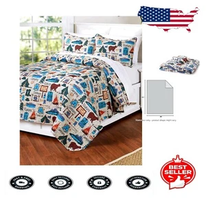 3-Piece King Quilt Set with Colorful Camping Design - Perfect for Home or Travel - Picture 1 of 4