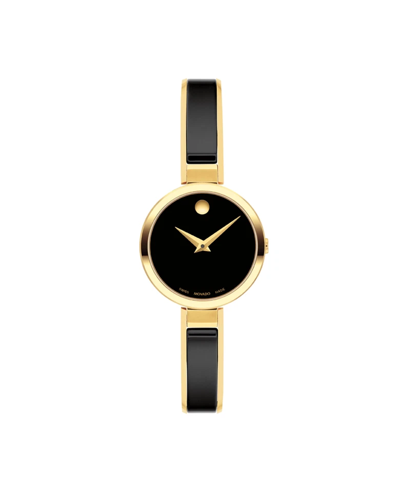 Movado Moda Quartz Black Dial Gold Tone Ladies Ceramic Bangle Watch 0607714