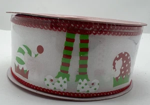 Hobby Lobby Christmas Ribbon White, Red Green Elf Print Wired Edged 1.5" X 30 F - Picture 1 of 4