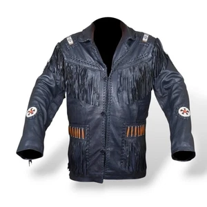 Herren Western Cowboy Wildleder Fransen Jacke Perlen Indianer Lederjacke - Bild 1 von 4