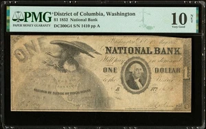 DC $1 WASHINGTON DC The National Bank May 1st, 1852 PMG VG10 Haxby DC-300 G4 - Picture 1 of 5