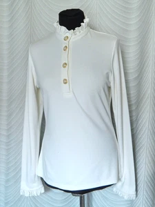 Veronica Virta White Jersey Top Blouse Size M Ruffle Collar Gold Buttons Elegant - Picture 1 of 9