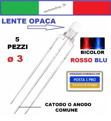 diodo led bicolore rosso/blu 3pin catodo/anodo comune diametro 3 lente opaca