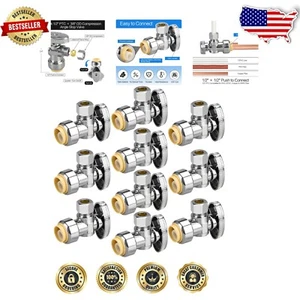 10-Piece Chrome Brass Angle Stop Valve Set - 1/2" PTC to 3/8" Compression - Picture 1 of 9