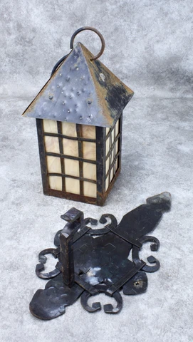 Arts and Crafts Outdoor Hanging Slag Glass Lamp With Wrought Iron Hanger Cover