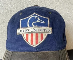Rare Ducks Unlimited Leather Bill & Strap Blue Hat Cap Hunter Hunting USA - Picture 1 of 8