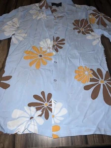 Mens/Boys Shirt HAWAIIAN Blue Brown Plumeria Floral Button Up Collar Rayon XS - Picture 1 of 9