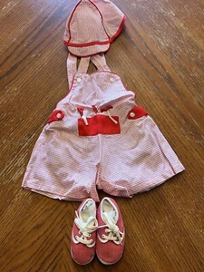 VTG Baby Boy Embroidered Tools Romper 6 Months Red White Checkered Cap - Picture 1 of 14
