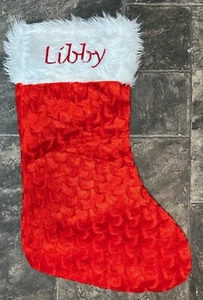 Personalised Velvet Embroidered Red White Faux Fur Christmas Stocking 46cmx20cm - Picture 1 of 4