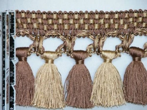 4" Royal Tassel Fringe Trim Antique Gold and Brown Per Yard - Picture 1 of 2