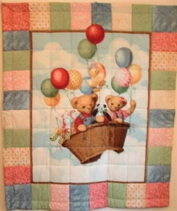 Baby or Child Quilt, Blue Jean Teddies & Friends Reversible 2 Sides Cotton New - Picture 1 of 11