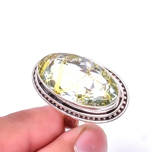 Golden Rutilated Quartz Designer Silver Plated Ring S.8.5 R76, Christmas Gift - Picture 1 of 6