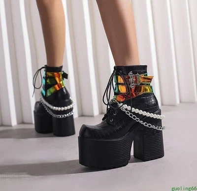 Women's Square Toe Block Heel Chains Buckle Platform Ankle Boots Lace Up Shoes - Image 1 of 4