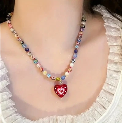 Murano Floral Glass Beads With Red Heart Pendant Necklace Stainless Steel 316 L - Image 1 of 4