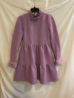 Janie and Jack Girls Size 12 Purple Tiered Neck Long Sleeve Faux Fur Cuffs Dress - Image 1 of 4