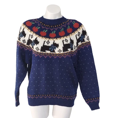 Suéter bordado à mão vintage Ilhas do Norte Scottish Terrier cães e maçãs - Imagem 1 de 4