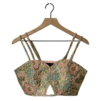 Blusa crop top bordada floral metálica Bralette - Rosa, dourada, azul, verde padrão - Imagem 1 de 4