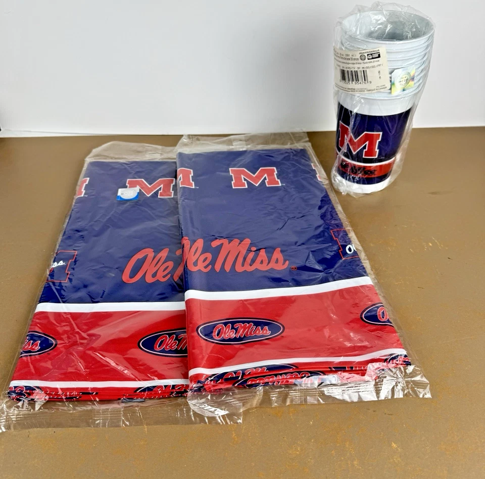 2 Ole Miss Plastic Tablecovers Cups University Of Mississippi Licensed Party USA - Image 1 of 4