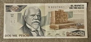 1989 MEXICO 2000 Pesos AU Banknote BdM, SERIE: "EE" - Prefix: "N" - Picture 1 of 2