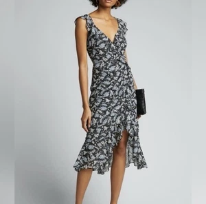 Veronica Beard Blumen Amal Kleid Seide marine/blau asymmetrisch Midi Rüschen 00 Neu ohne Etikett - Bild 1 von 8