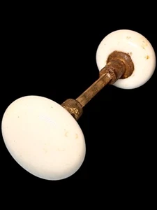 Antique 1890s Victorian White Porcelain Door Knob Set W/ Spindle & Set Screws g - Picture 1 of 4