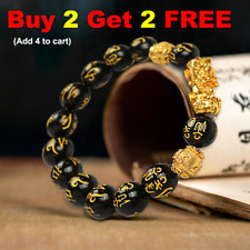 Feng Shui Black Obsidian Beads Bracelet w/ Pixiu Pi Yao Attract Wealth Lucky USA