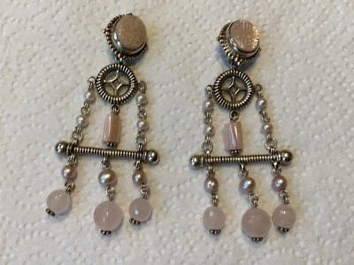 Pendientes araña vintage Stephen Dweck tallados en perlas rosas, cuarzo, de ley Foto 1 de 4