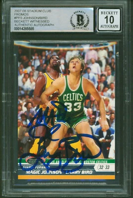 Magic Johnson & Larry Bird Signed 2007 Stadium Club #PP3 Card Auto 10! BAS Slab - Image 1 of 2