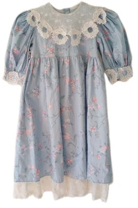 Sarah Kent Vintage Girls Dress 6X Blue Floral Cotton Poly Lace Collar Cottage - Picture 1 of 9