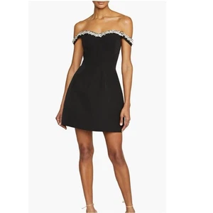 Monique Lhuillier Blaire Embellished Off the Shoulder Minidress, Black 8 NWT - Picture 1 of 4