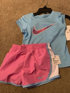 NWT Nike Shirt Shorts Athletic Outfit Girls 6x Pink Blue SWOOSH Built-in-Brief - Picture 1 of 4
