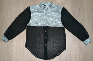 Vtg 80s TRAUMA Silver Metallic Sequin Tux Sheer Disco Top new wave costume M L - Picture 1 of 14