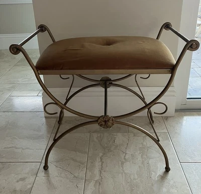 Antique Gilded Brass Curule style Bench Scrolled Arms w Original Velvet Cushion - Image 1 of 4