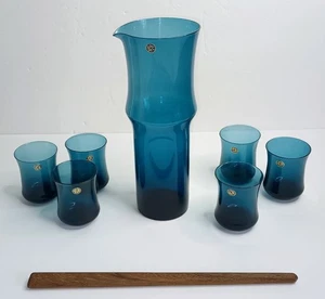 Aseda Sweden Glass Martini Pitcher Decanter & Glasses Teal Blue MCM Mid Century - Picture 1 of 14