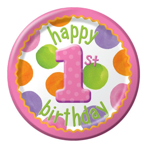 Girls 1st  Birthday Polka Dots Party Supplies Large 9" Dinner Plates - Image 1 of 1