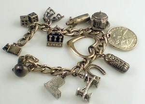 Sterling Silver Vintage Wine Beer Lighter Catalina Dice Heart Charm Bracelet - Picture 1 of 1