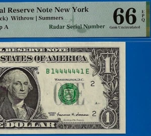 1999 $1 FRN New York PMG 66EPQ fancy super radar serial number 14444441 - Picture 1 of 3