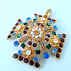 Joan Rivers Large Maltese Cross Pendant Multicolor Crystals Gold Tone Signed - Picture 1 of 5