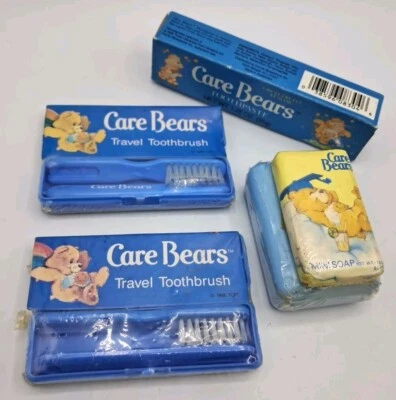 VINTAGE 1986 Care Bears Set Soap Container 2 Travel Toothbrushes & Toothpaste  - Image 1 of 4