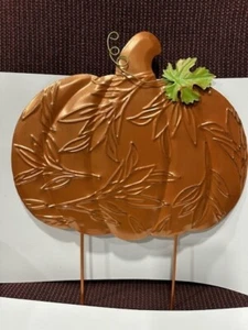 Pressed Metal Pumpkin Yard Stake Rustic Burnt Orange 15-3/8" tall - Picture 1 of 6