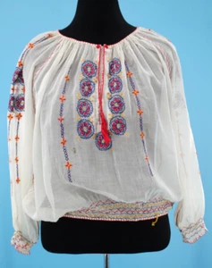 VTG Women's 30s Sheer White Embroidered Peasant Top / Blouse L/XL 1930s Cotton - Picture 1 of 23