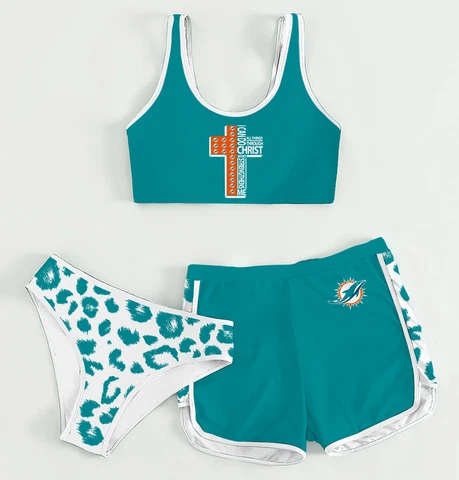 Miami Dolphins Women's 3PCS Sports Bikini Set Crop Top With Shorts Athletic Gift Cover