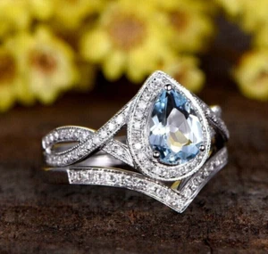 Wedding Ring Set 3.35Ct Pear Cut Created Blue Aquamarine 14K White Gold Finish - Picture 1 of 4